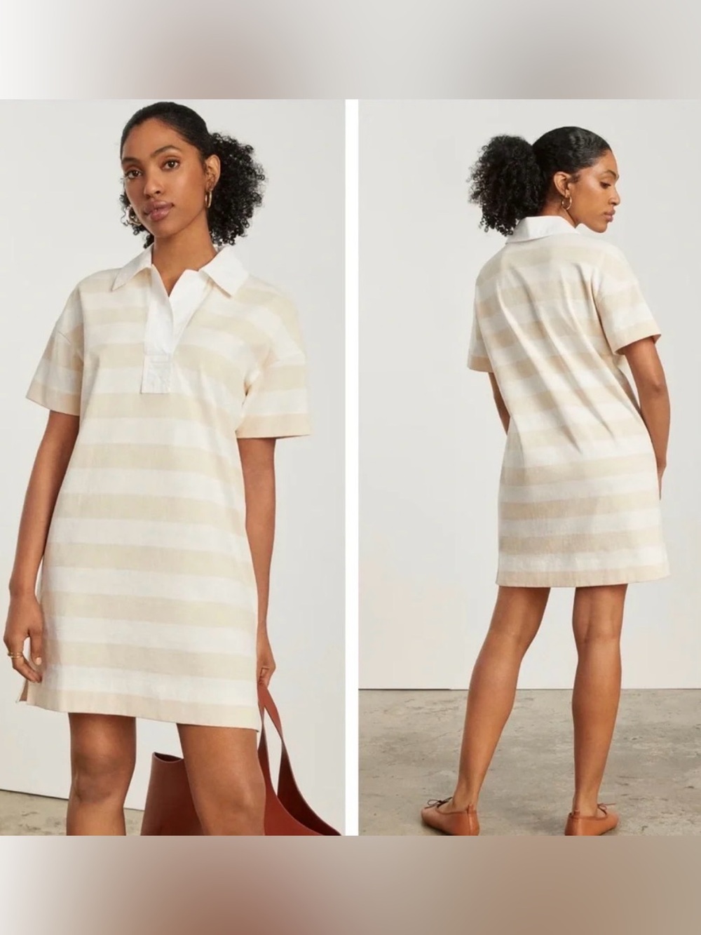 Everlane Organic Cotton Stripe Short Sleeve Polo Dress SZ L White Beige